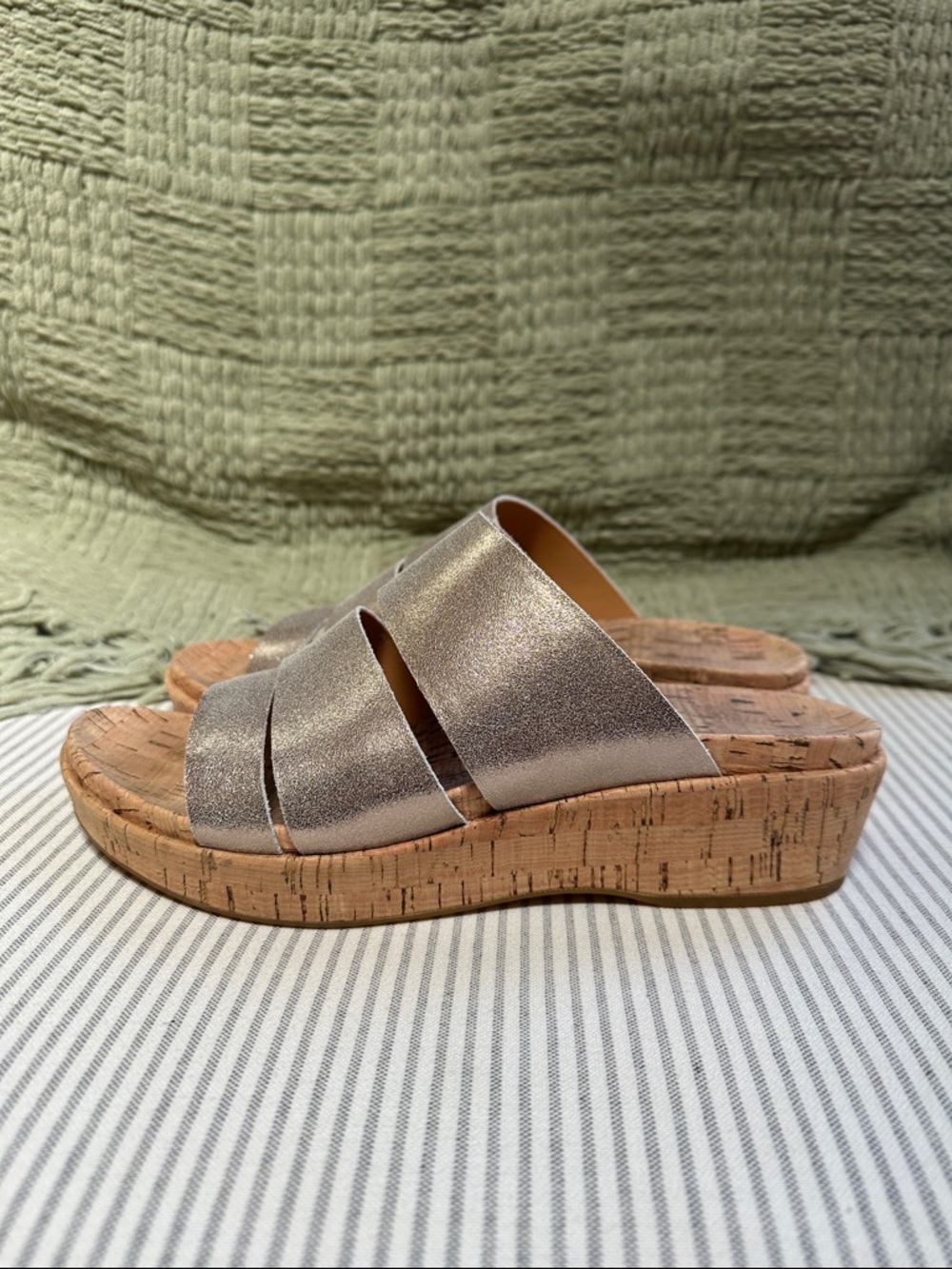Kork-Ease Menzie Metallic Gold Cork Wedge Slide Sandals